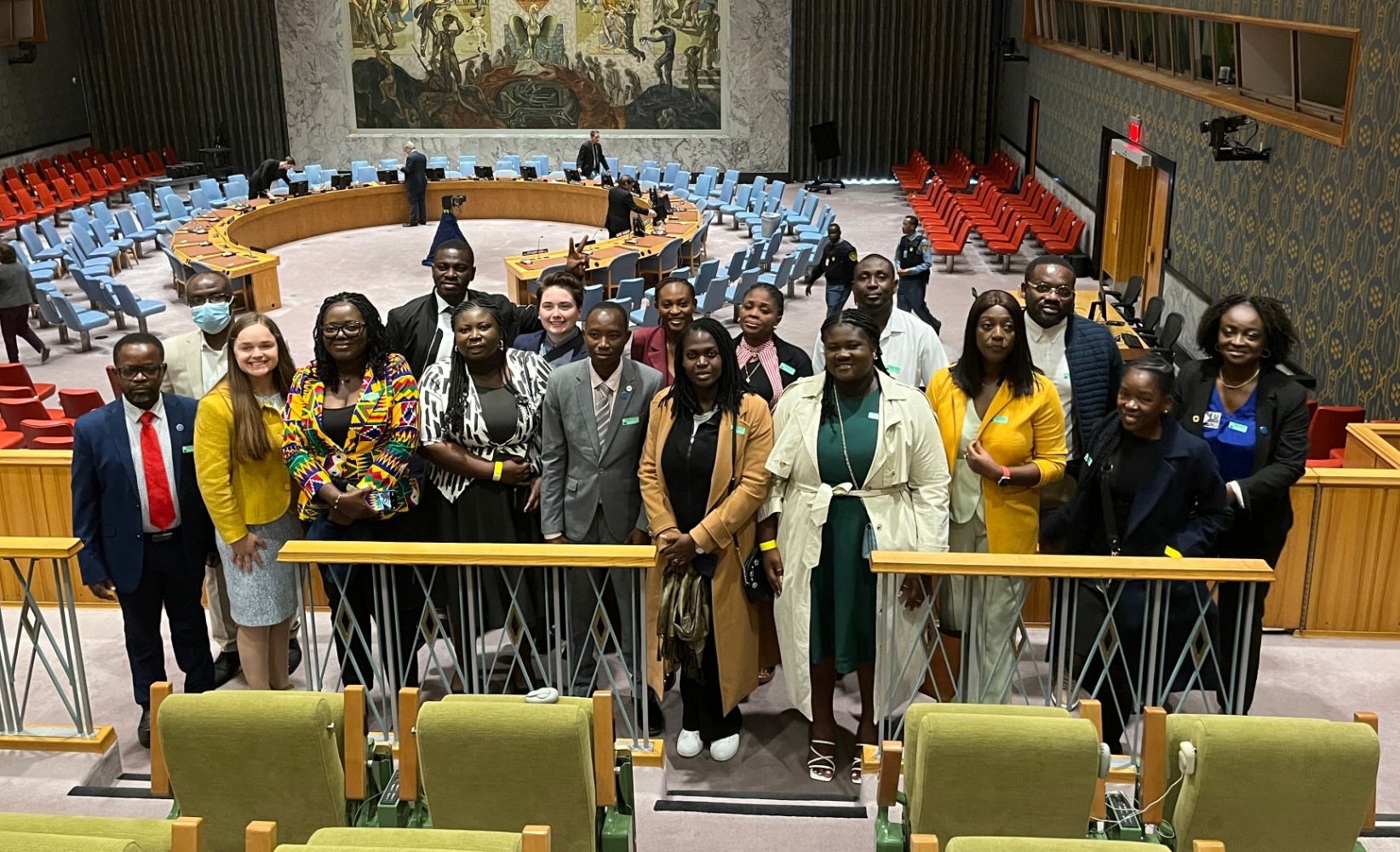 Global Leadership students standing in the UN Security Council Chamber. 