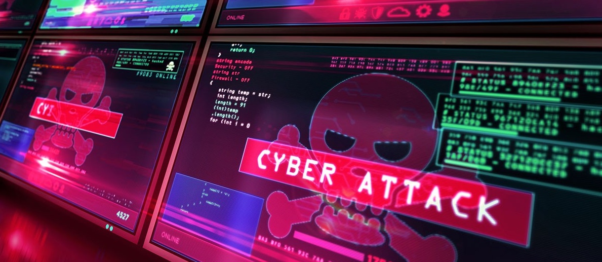 Photo of computer screens under cyberattack. 