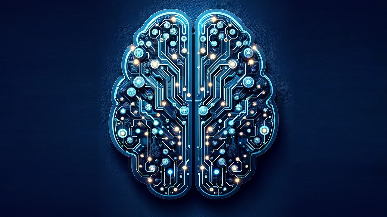 Rendering of a brain filled with circuitry. 