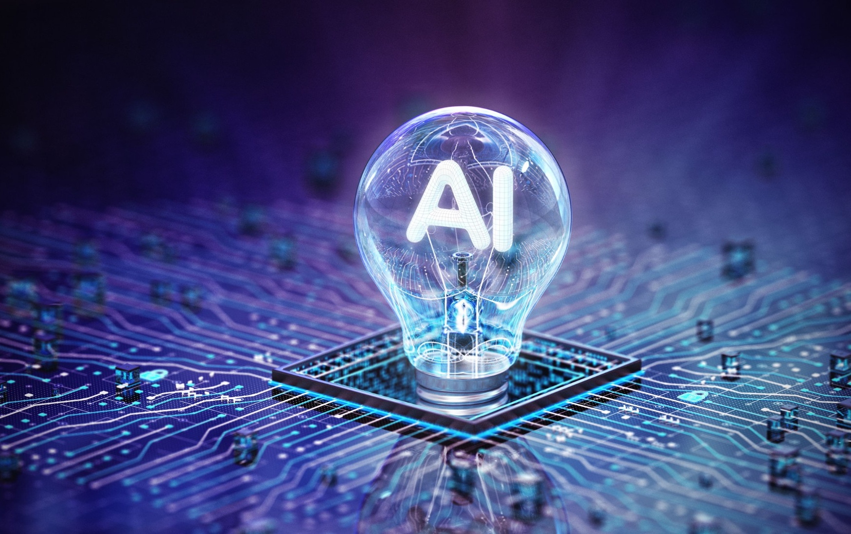 Light bulb with AI letters emerging from a computer processor. 