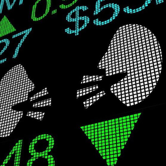 Digital board with numbers and graphics of two people talking. 