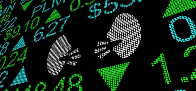 Digital board with numbers and graphics of two people talking. 