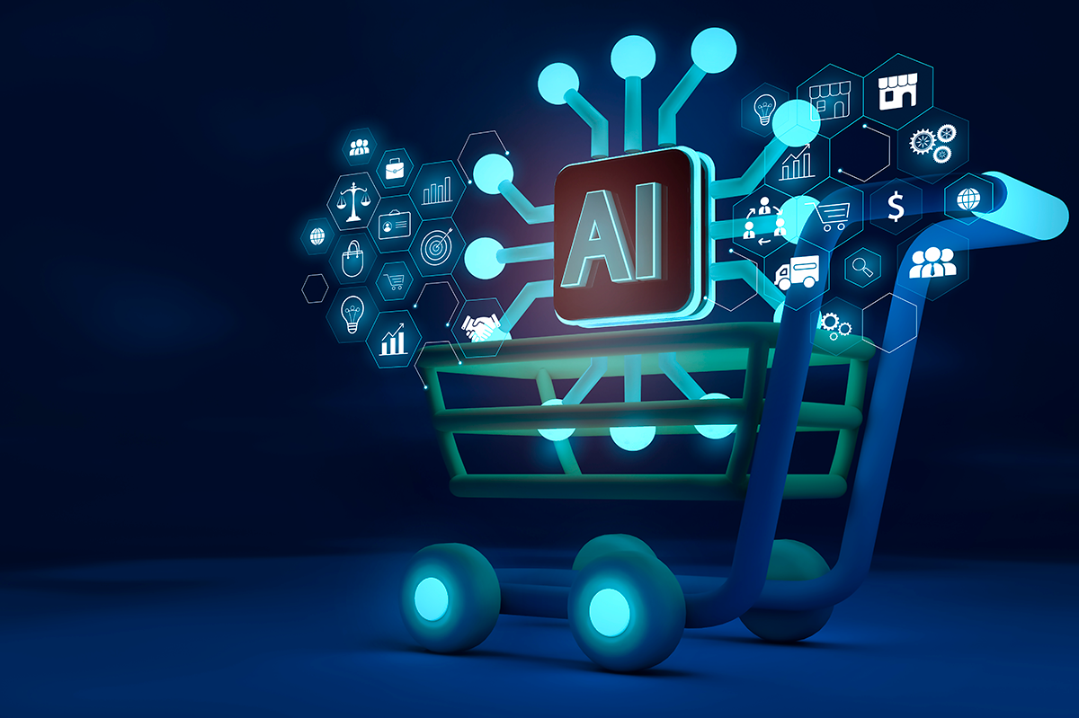 Graphic of a shopping cart with a digital AI chip in it. 