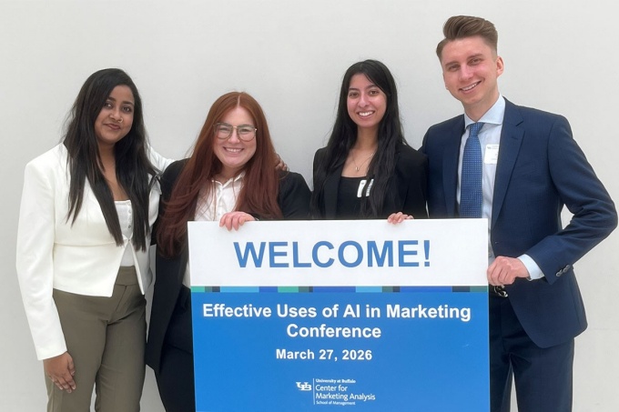 Photo of MBA student team, from left: Adrija Aditya, Marissa Pecorella, Shirley Bassarath and Basil Zmiyiwsky. 