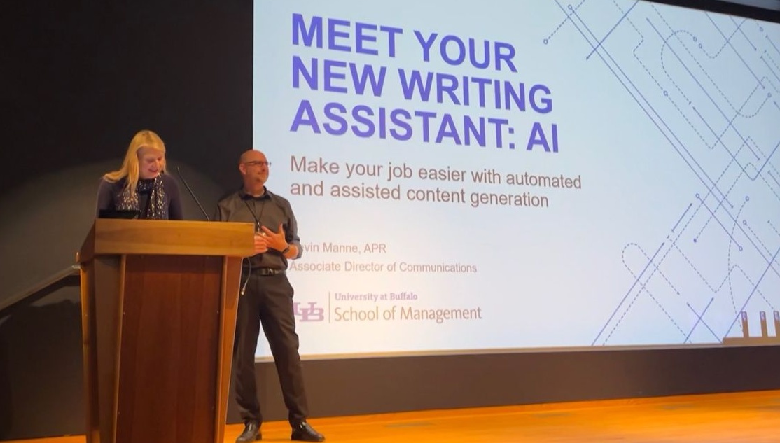 Ghosen and Manne on stage at the UB Communicators Conference. 