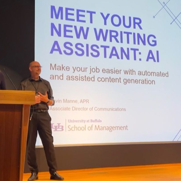 Ghosen and Manne on stage at the UB Communicators Conference. 