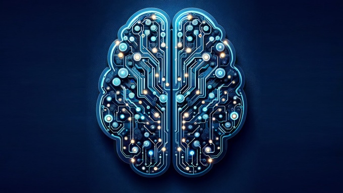 Rendering of a brain filled with circuitry. 