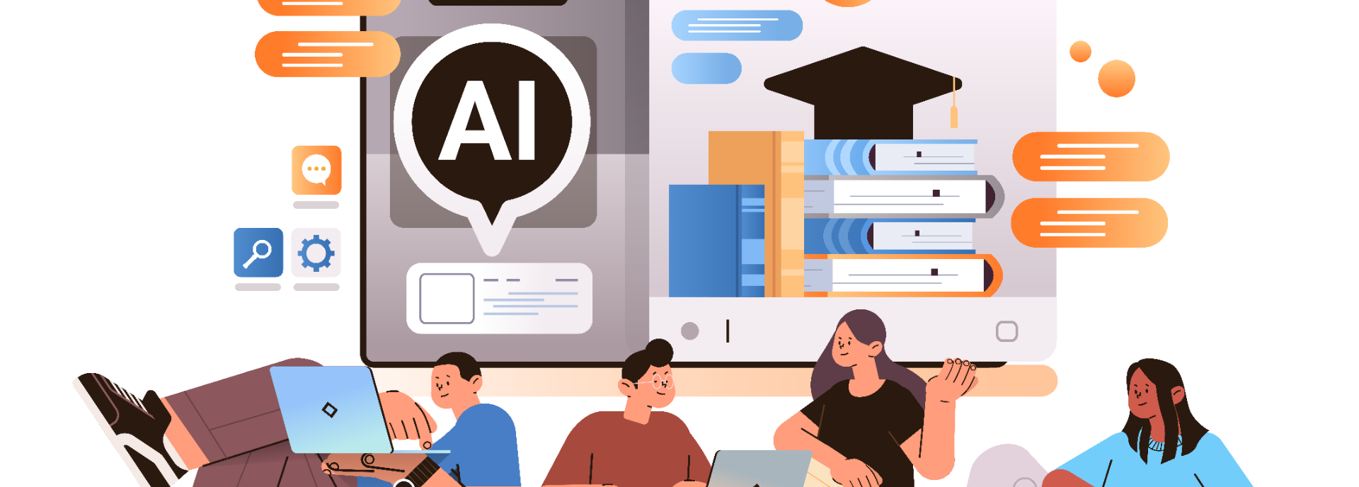 Illustration of students working with AI tools. 