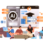 Illustration of students working with AI tools. 