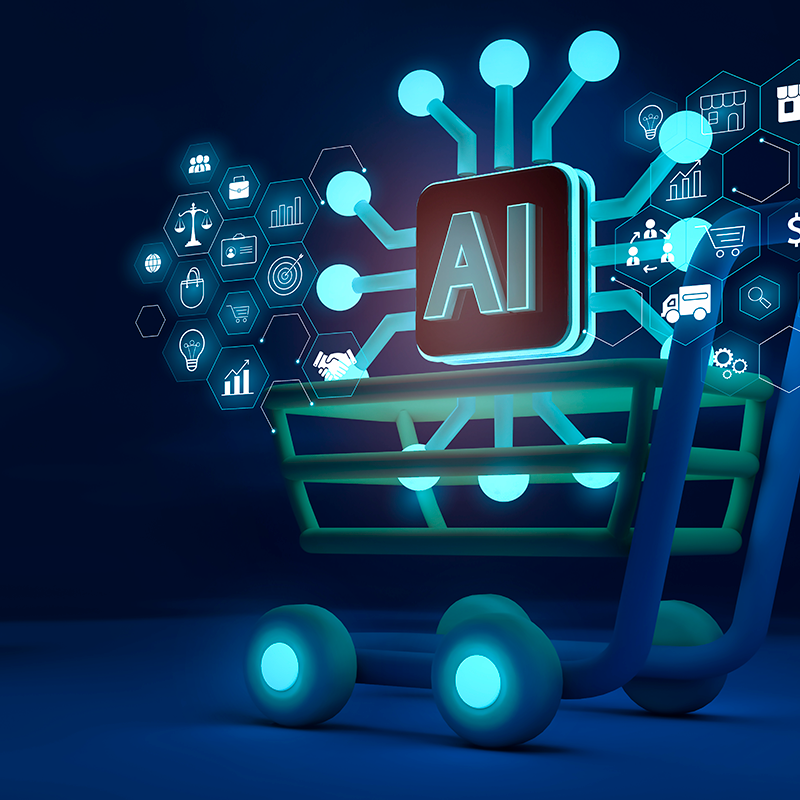 Graphic of a shopping cart with a digital AI chip in it. 