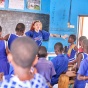 MBA/MSW student Ajaylah Humphrey speaks to students at Kpone Bawaleshie Presbyterian Primary School. 