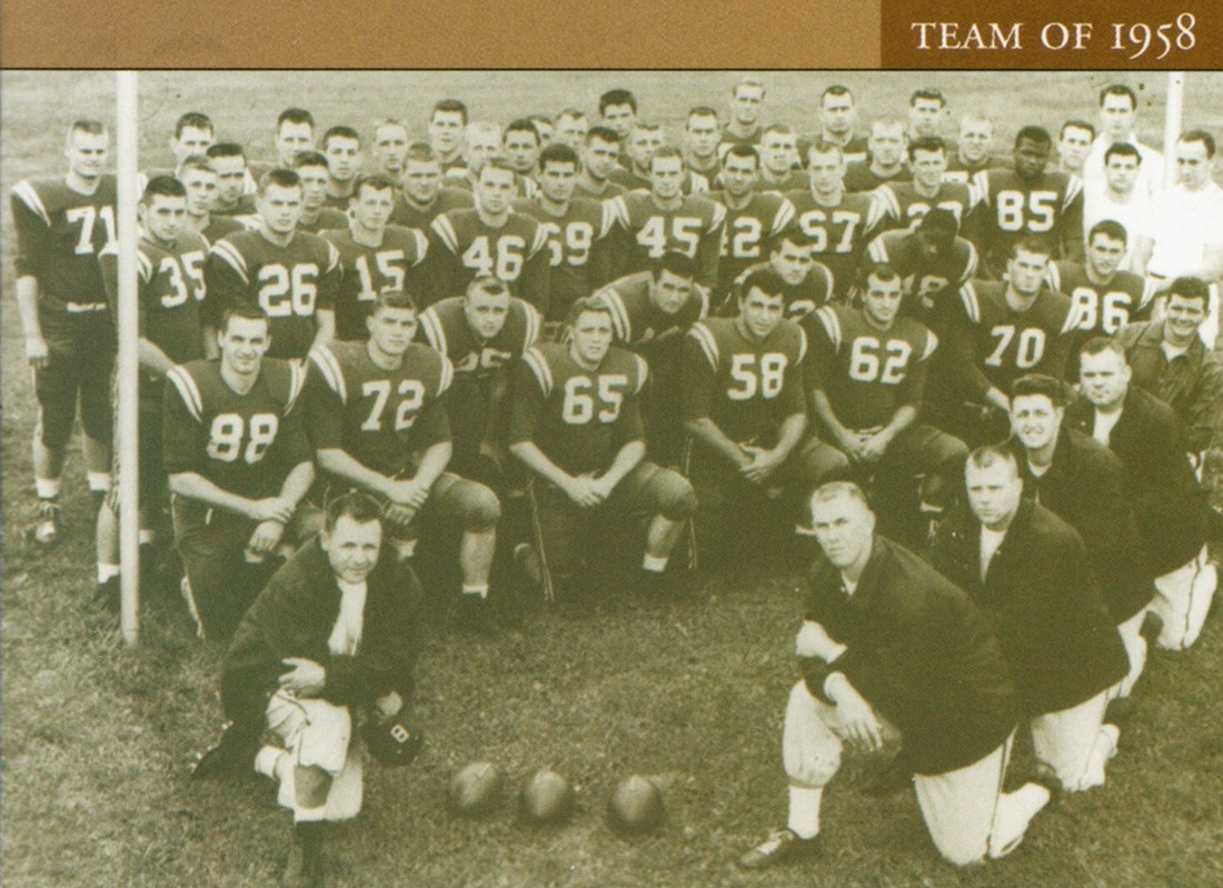Black and white image of the 1958 Bulls Football team. 