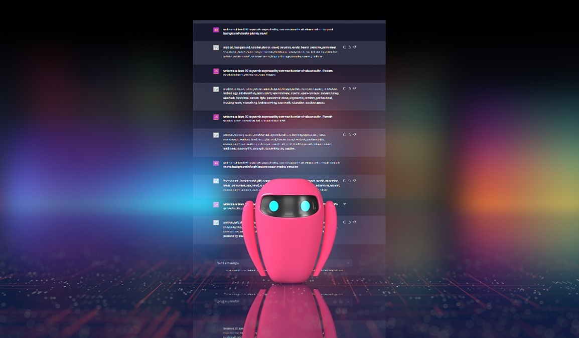 Pink robot in front of generative AI text. 