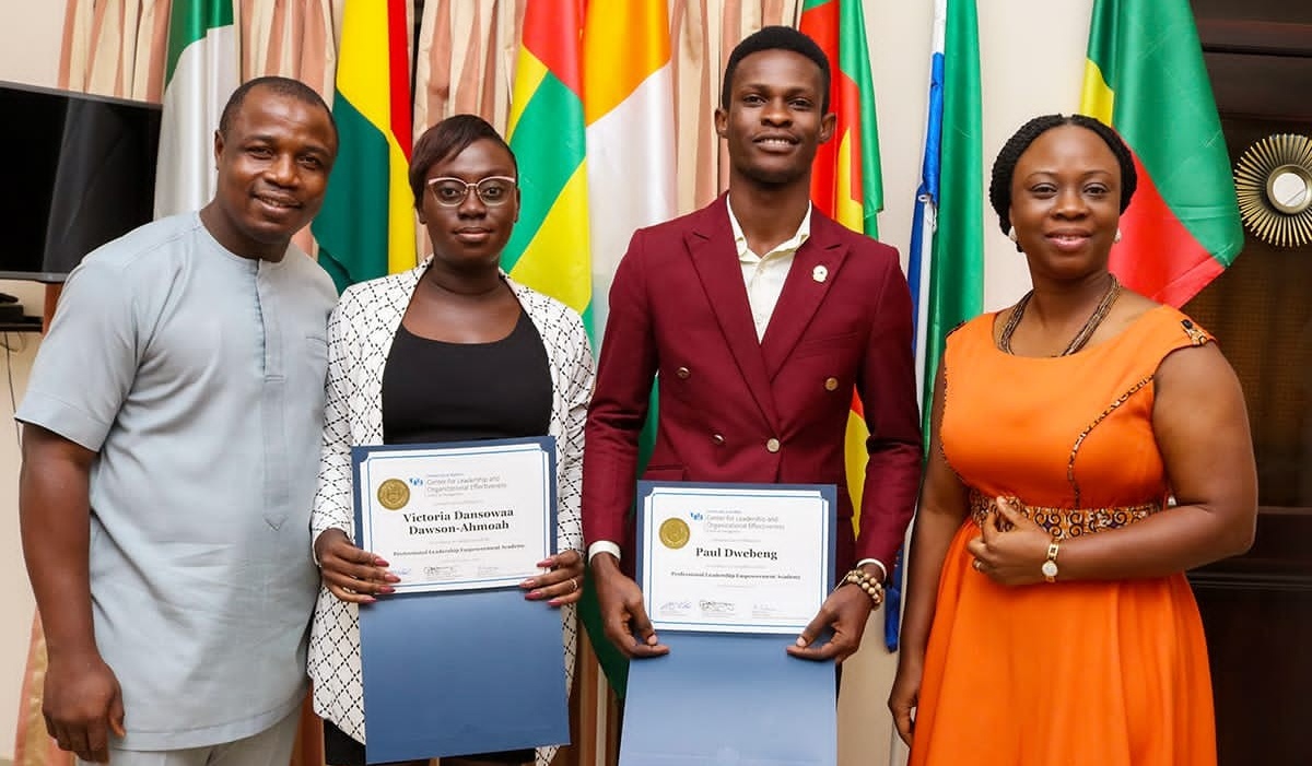 Zoom image: Paul Dwebeng and Victoria Dansowaa Dawson-Ahmoah from the University of Professional Studies, Accra, graduated from the UB School of Management's LEAP program. 