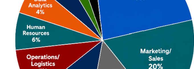 Pie chart titled “Internships by Career Field.” Finance accounts for the largest share at 23%, followed by marketing and sales at 20%, accounting at 15%, general management at 11%, operations and logistics at 7%, human resources at 6%, data analytics at 4%, MIS at 3%, consulting at 2%, and healthcare management at 2%. 