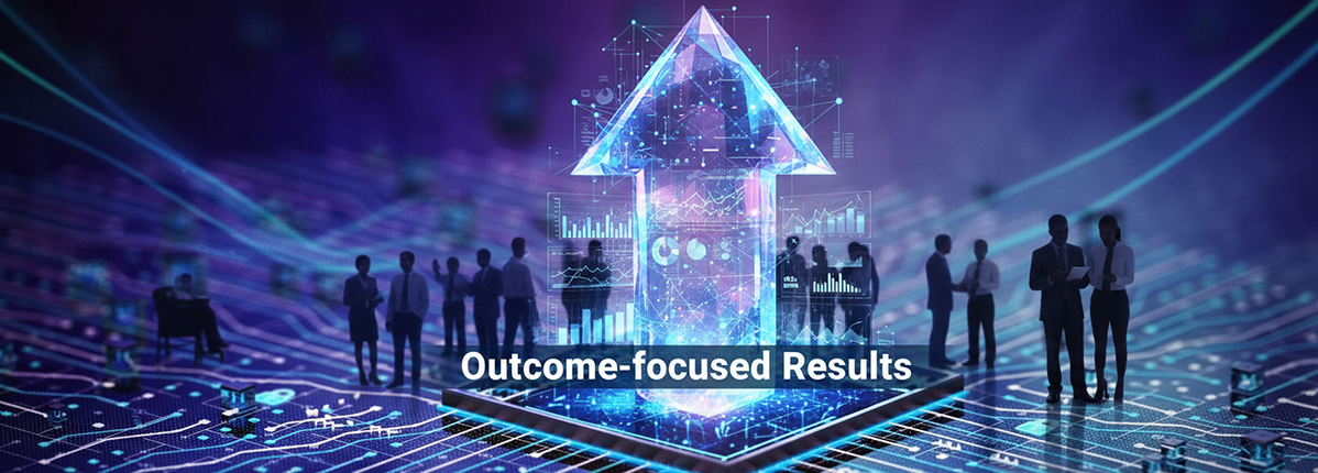 Sillhouettes of people standing on a semiconductor chip with an arrow in the middle pointing up. 