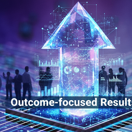 Sillhouettes of people standing on a semiconductor chip with an arrow in the middle pointing up. 