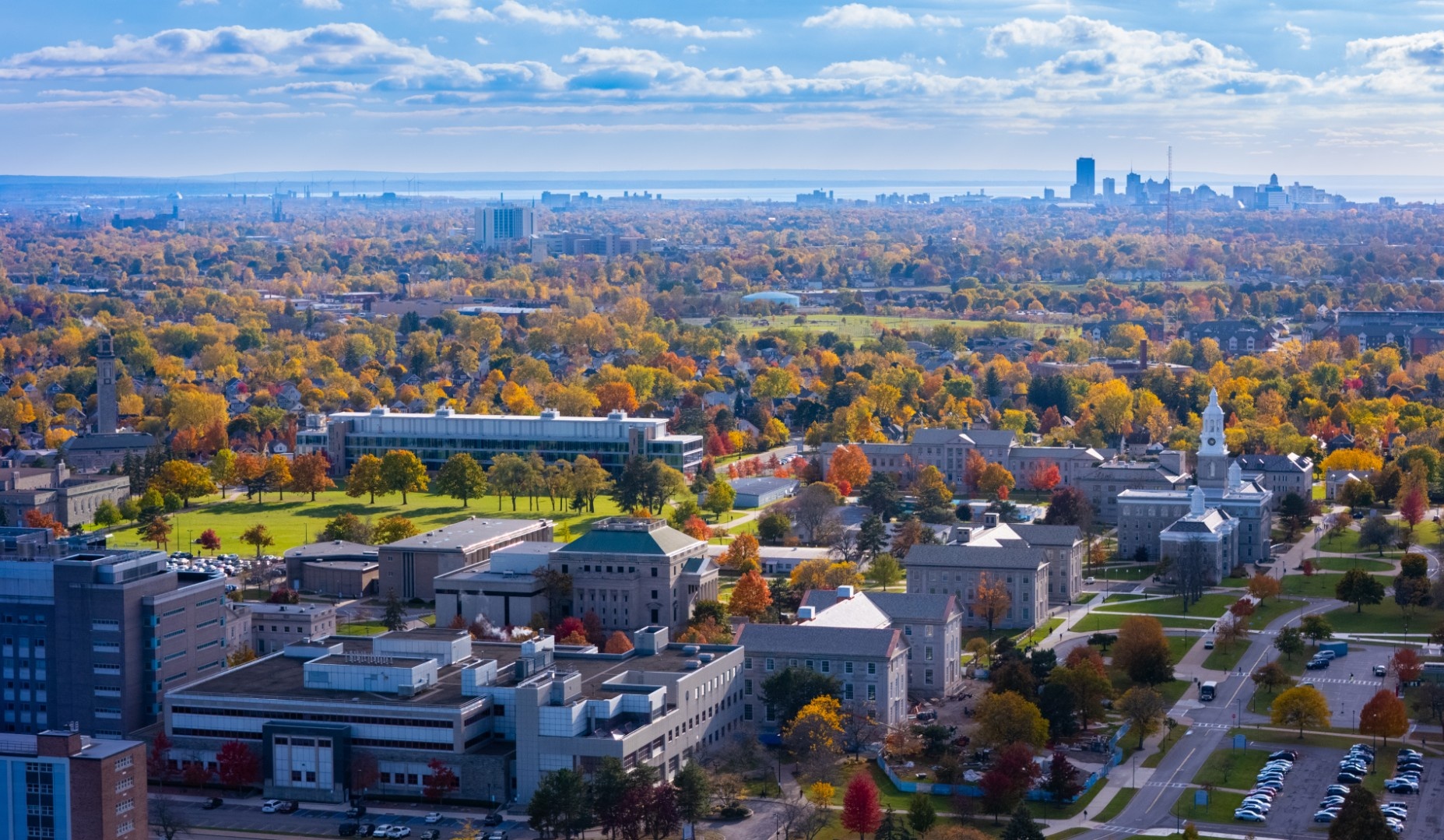 birdseye view of south campus and downtown buffalo. 