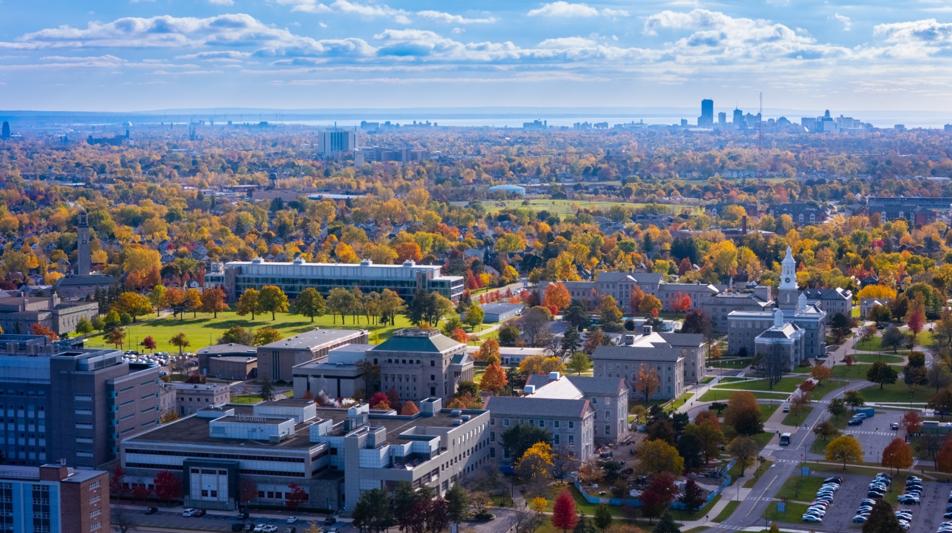 birdseye view of south campus and downtown buffalo. 