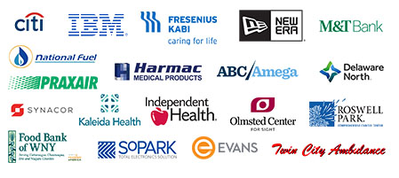 A cluster of logos of companies who are our Corporate Champions. Logos included are for Citi, IBM, New Era, M and T Bank, Praxair, National Fuel, Kalieda Health, Independent Health, Evans Bank, the Olmstead Center for Sight and other logos. 