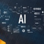 someone typing on a computer with the words "AI" in a flurry of graphics. 