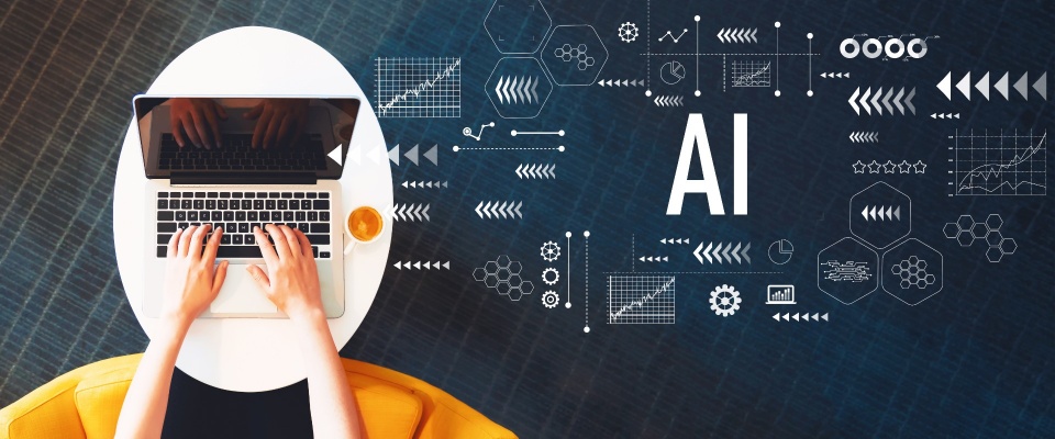 someone typing on a computer with the words "AI" in a flurry of graphics. 