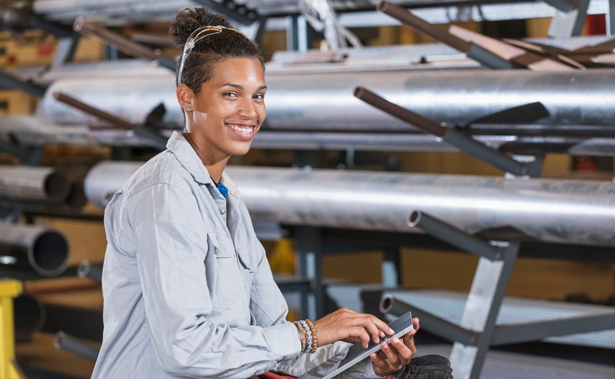 Woman in a warehouse. 