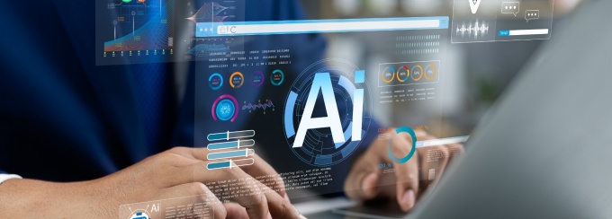 a manager at a computer with a digital dashboard showing "AI.". 