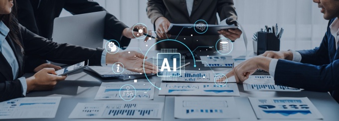 Business Team Discusses AI Innovations and Strategies at Modern Office Conference Table with Charts, Graphs, and Technology Insights. 