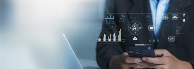 Businessman employing artificial intelligence (AI) for data management to business analytics using charts, metrics, and KPIs to improve organisational performance, marketing organisation planning. 