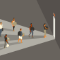 Illustration of employees walking to door. 