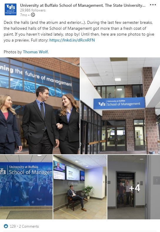 LinkedIn post with photos throughout Jacobs and Alfiero centers, and the following message: "Deck the halls (and the atrium and exterior...). During the last few semester breaks, the hallowed halls of the School of Management got more than a fresh coat of paint. If you haven&rsquo;t visited lately, stop by! Until then, here are some photos to give you a preview.". 