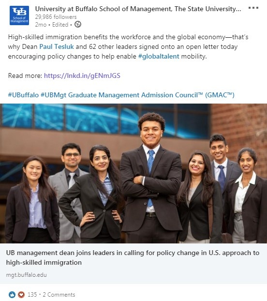 LinkedIn post with a photo of School of Management students and the following message: "High-skilled immigration benefits the workforce and the global economy&mdash;that&rsquo;s why Dean Paul Tesluk and 62 other leaders signed onto an open letter today encouraging policy changes to help enable global talent mobility". 