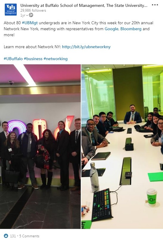LinkedIn post with two photos and the following message: About 80 undergrads are in New York City this week for our 20th annual Network New York, meeting with representatives from Google, Bloomberg and more! 