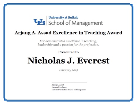 Award certificate for Arjang A. Assad Excellence in Teaching Award. 