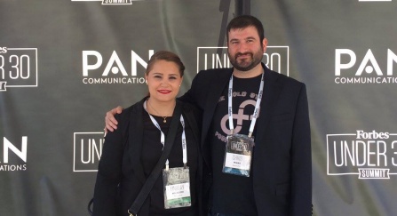 UB MBAs and MemoryFox co-founders Lindsay Macaluso and Chris Miano at the Forbes Under 30 Summit in Boston. 