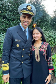 Srikrithi Krishnan poses with U.S. Surgeon General Vikek H. Murthy. Photo: Courtesy of Srikrithi Krishnan. 