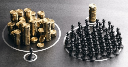 Image illustrating the CEO-to-employee pay gap; one side shows a single pawn with lots of gold coins, while the other shows many pawns with just a few gold coins. 