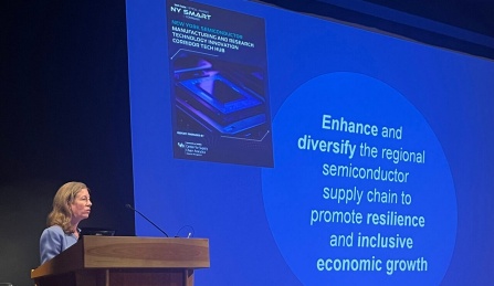 Jennifer Flagg, director, center for supply chain analytics, UB School of Management, addresses the audience. 